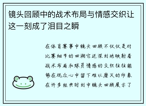 镜头回顾中的战术布局与情感交织让这一刻成了泪目之瞬